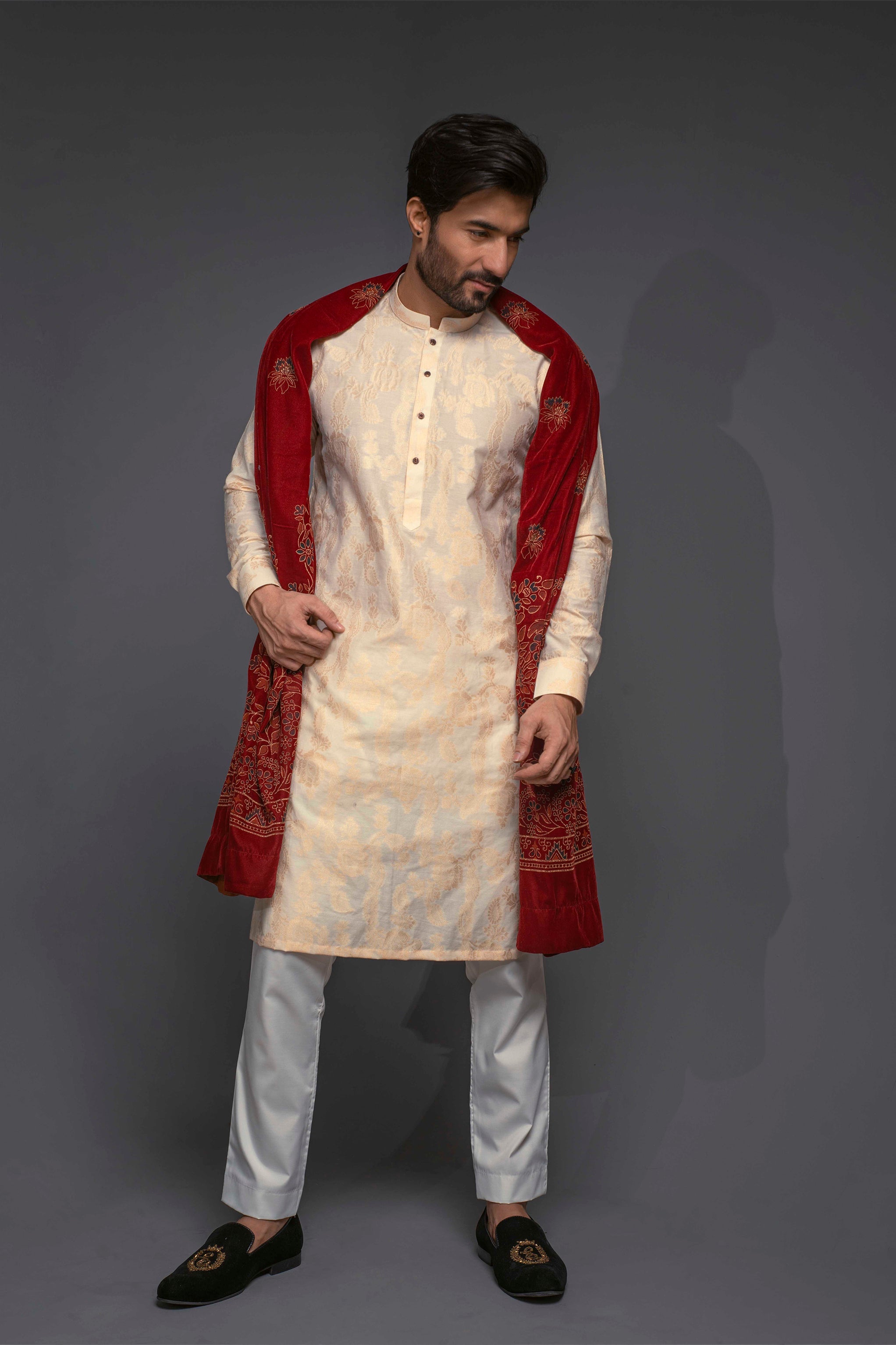 Golden & White Color Banarsi Kurta Pajama For Men