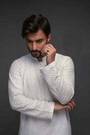 White Color Chicken Kari Diagonal Embroidered Kurta Pajama For Men