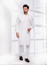 White Color Signature Logo Embroidered Kurta Pajama For Men