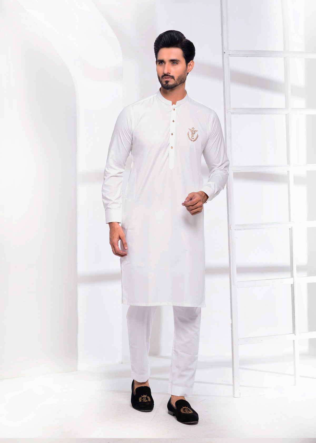 White Color Signature Logo Embroidered Kurta Pajama For Men