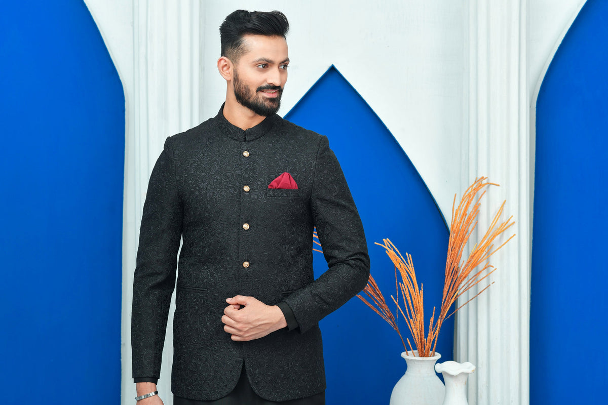 Black Color Resham Embroidered Prince Coat For Men