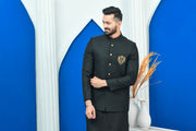 Black Exclusive Tropical Checkered Embroidered Prince Coat For Men