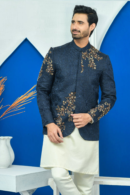 Sea-Green Color Floral Embroidered Prince Coat For Men