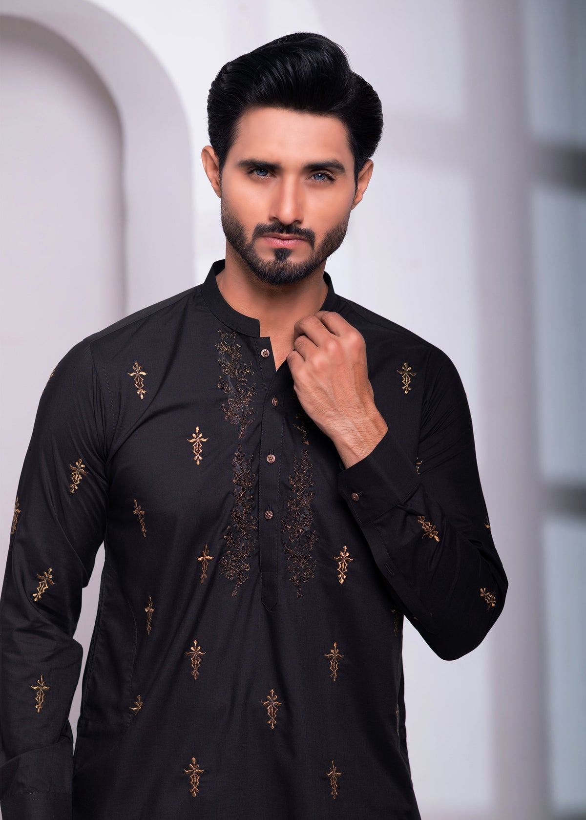 Black Color Block Embroidered Kurta Pajama For Men