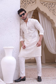 White Color Chicken Kari Embroidery Work Kurta Pajama For Men