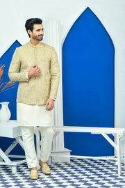 Golden Color Zari Embroidered Prince Coat For Men