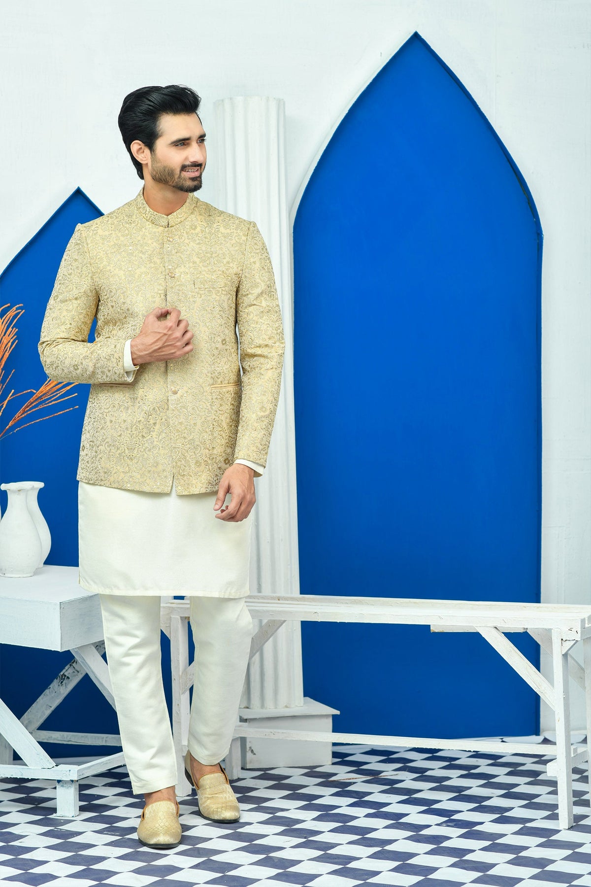 Golden Color Zari Embroidered Prince Coat For Men