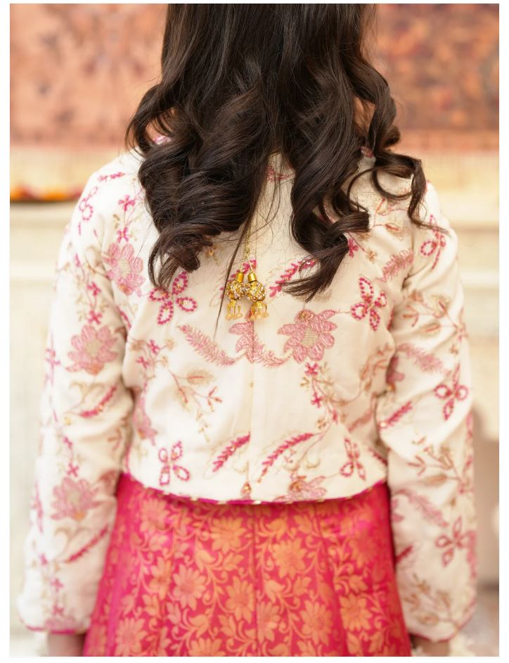 Pink Gotta Embroidered Raw Silk Lehenga Choli For Girls