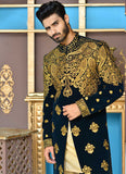 Black & Golden Color Velvet Embroidered Sherwani For Men