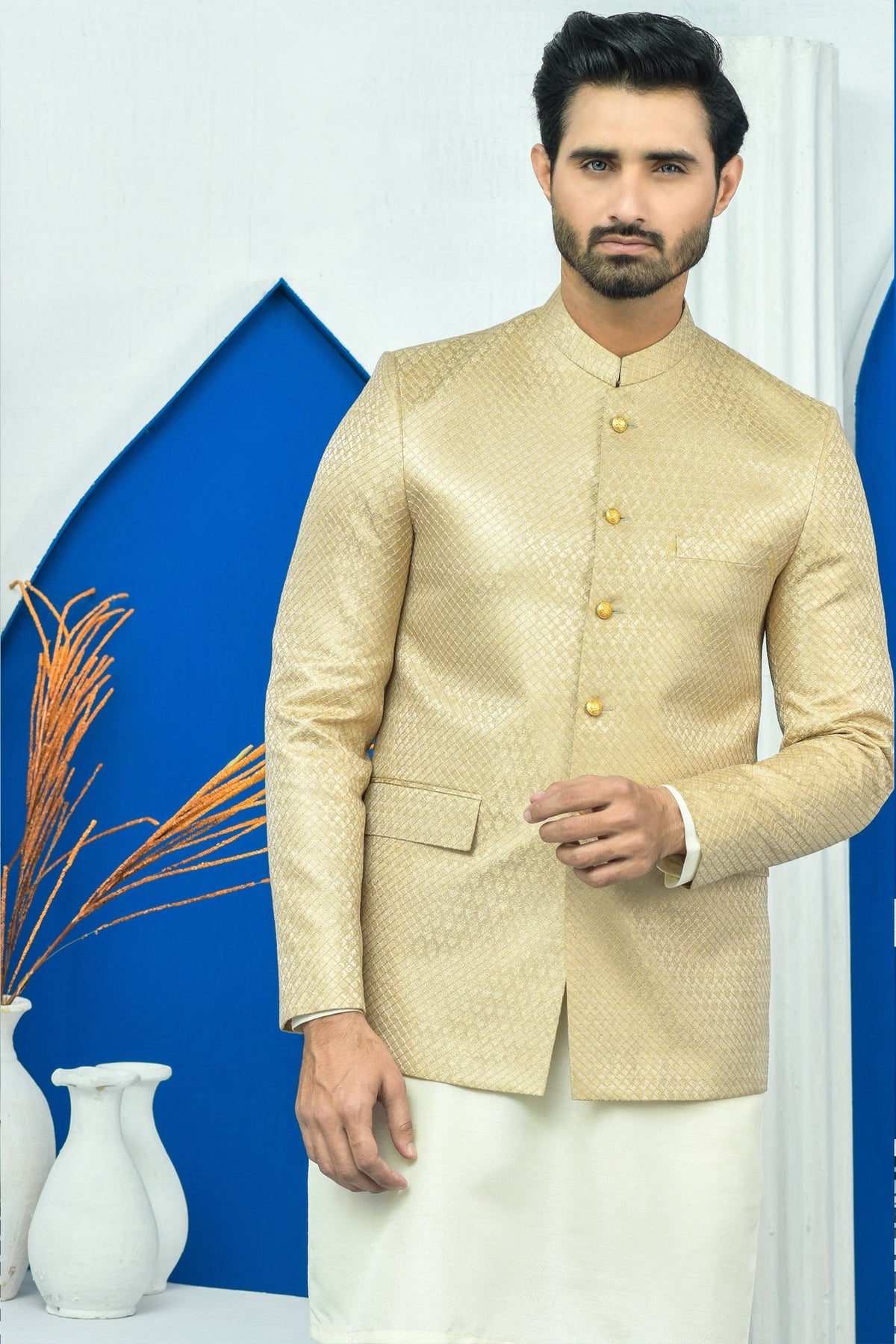 Golden Color Checkered Embroidered Prince Coat For Men