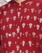 Red Color Mirror Embroidered Self-Cotton Kurta Pajama For Men