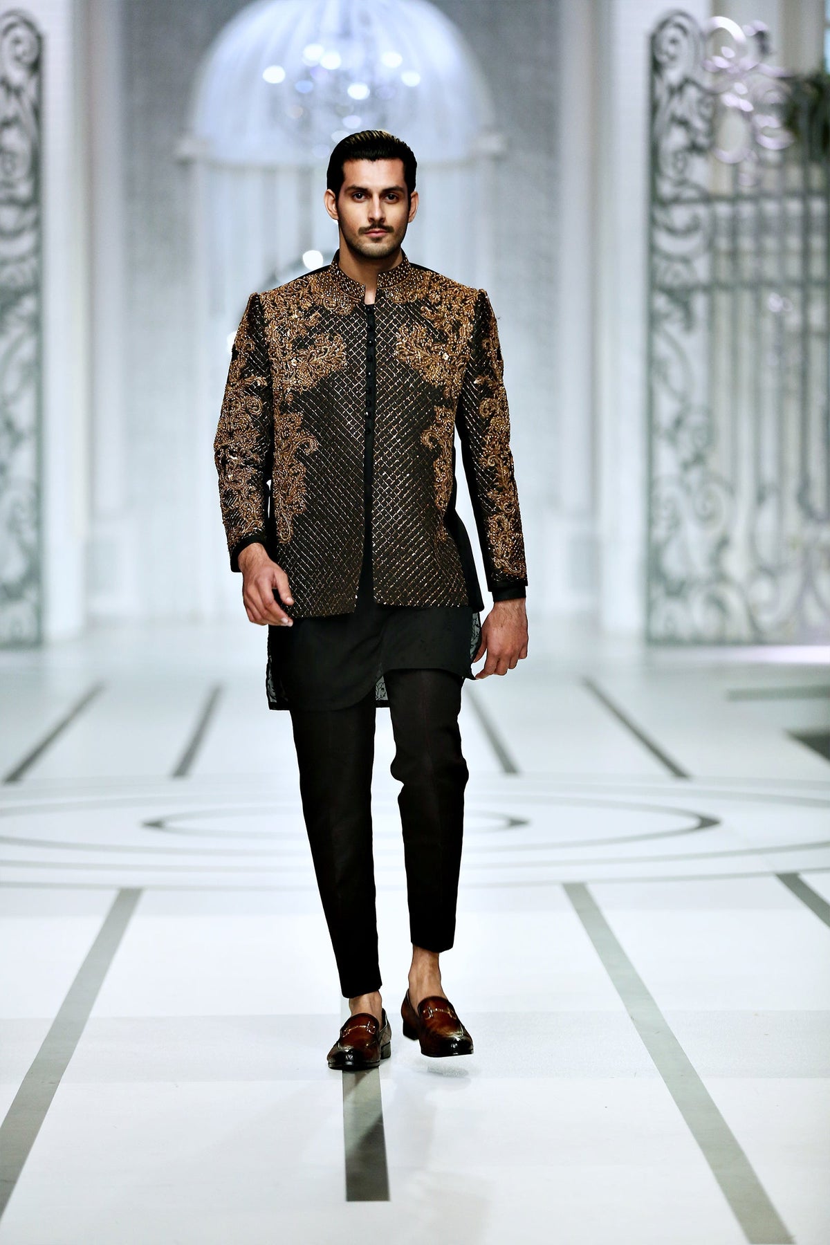 Black Color Front Open Design Embroidered Prince Coat For Men