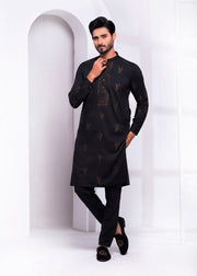 Black Color Zari Embroidered Wash & Wear Kurta Pajama For Men