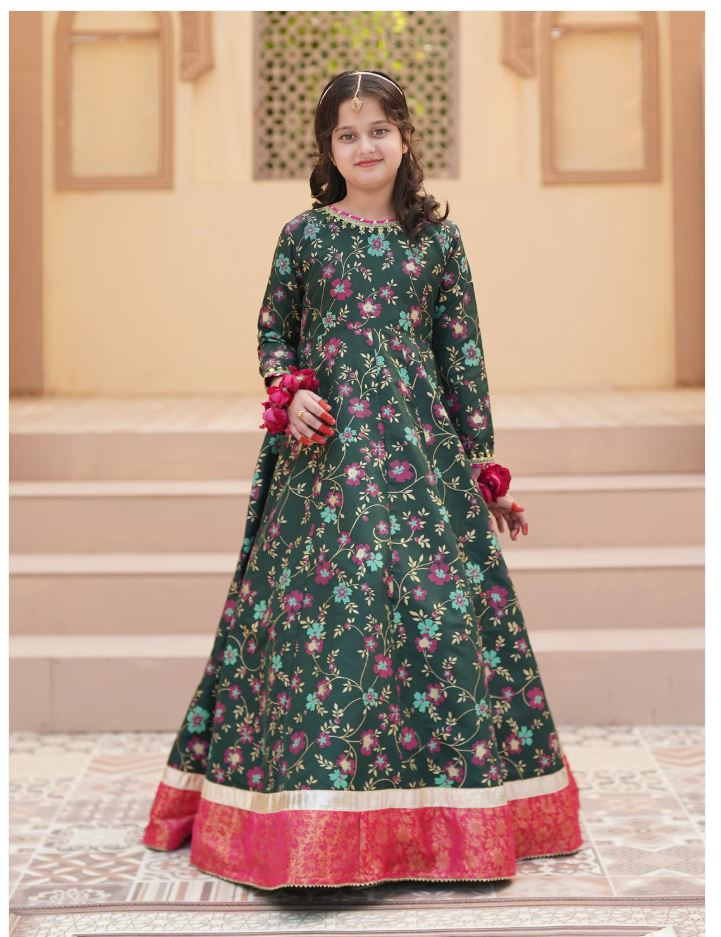 Festive Screen Printed Maxi with Net Dupatta For Girls