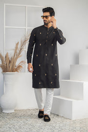 Black & White Color Gold Embroidered Kurta Pajama For Men
