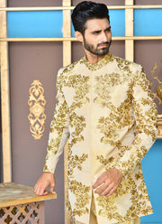 Golden & Copper Short Embroidered Sherwani For Men