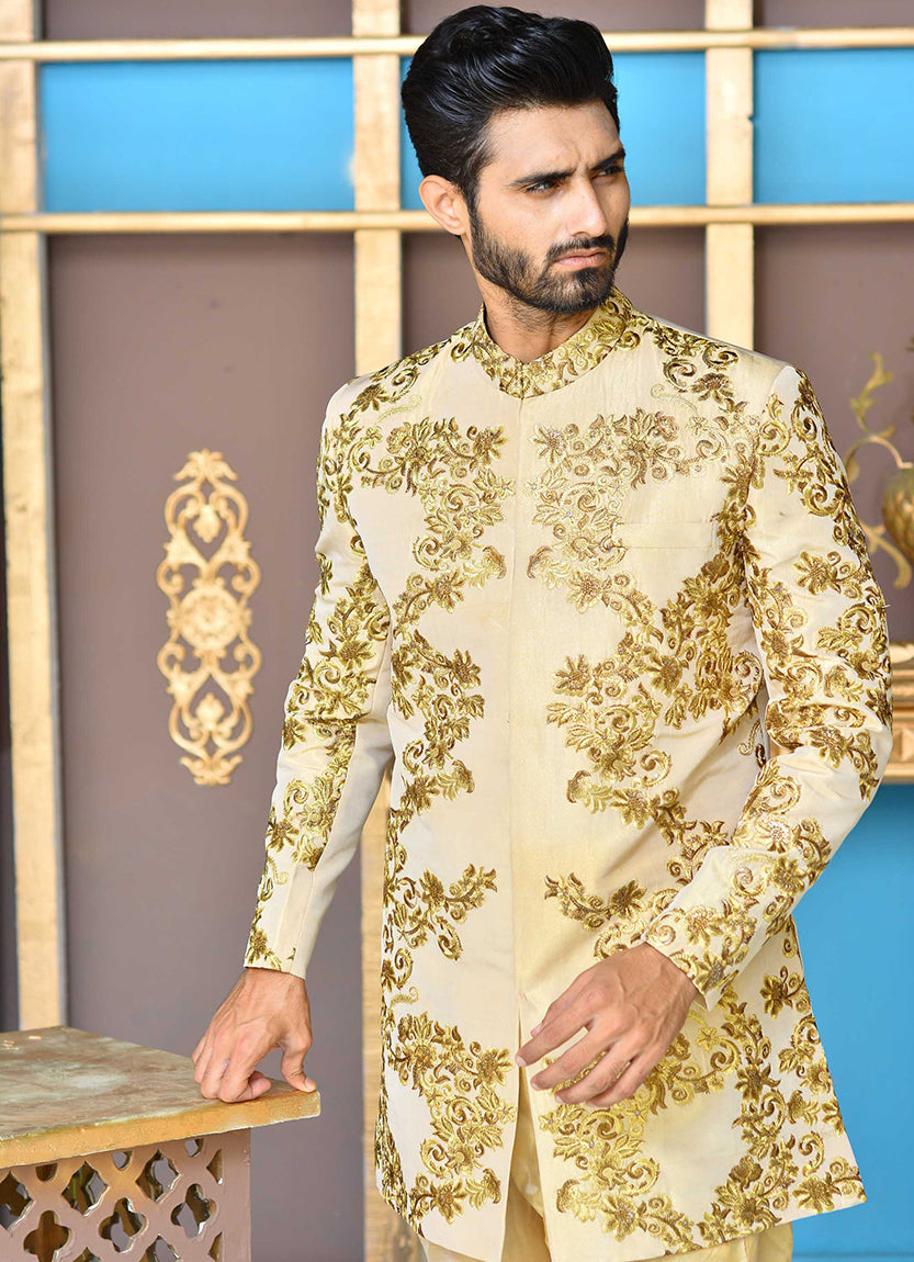 Golden & Copper Short Embroidered Sherwani For Men