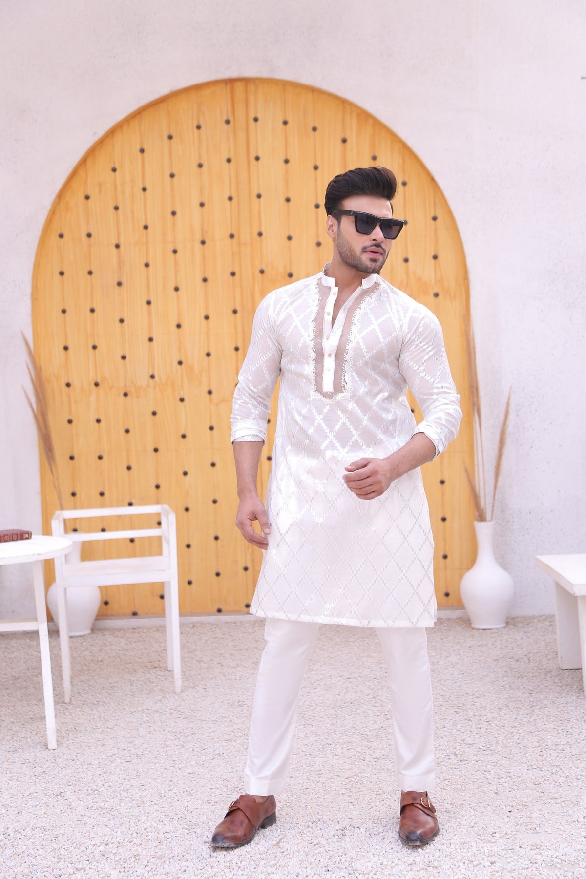 White Color Cut Work Embroidery Kurta Pajama For Men