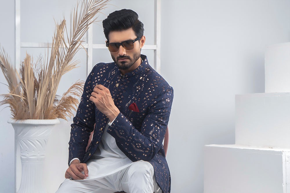 Blue Color Golden Embroidered Prince Coat For Men