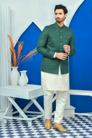 Green Color Diagonal Embroidered Prince Coat For Men