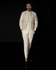 Off-White Kaamdani Embroidered Kurta Set with Waistcoat For Men
