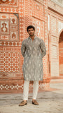 Gray Chikankari Kurta with Loop Buttons For Men