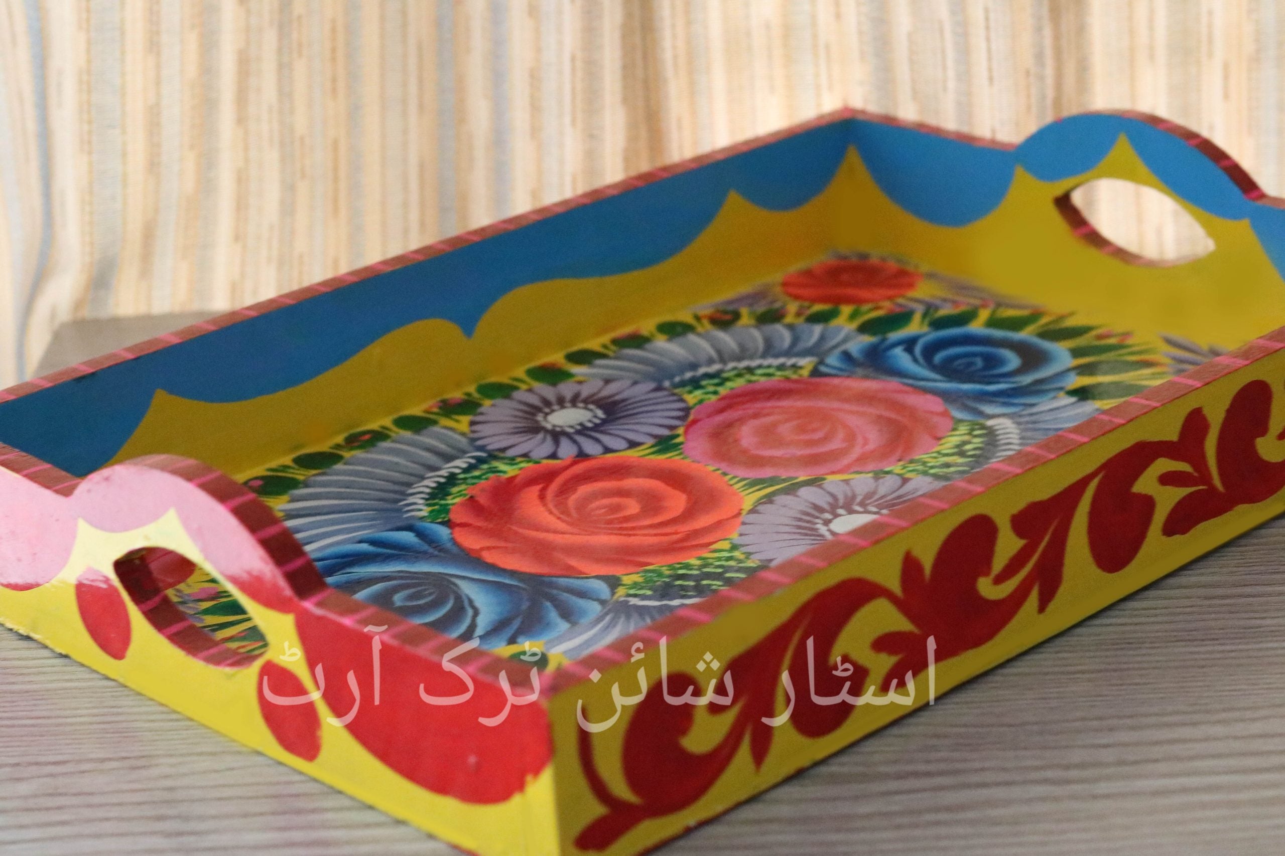 Hand-Painted Wooden Tray with Colorful Truck Art Floral Motifs