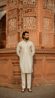 White Chikankari Embroidered Kurta For Men