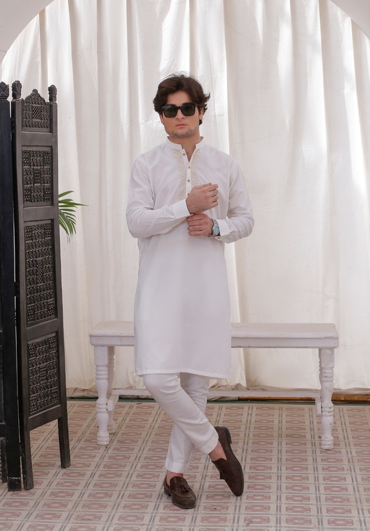 White Chikankari Kurta Pajama – Elegant & Timeless For Men