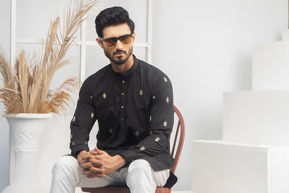 Black & White Color Gold Embroidered Kurta Pajama For Men