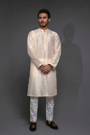 Golden Color Raw-Silk Embroidered Kurta Pajama For Men