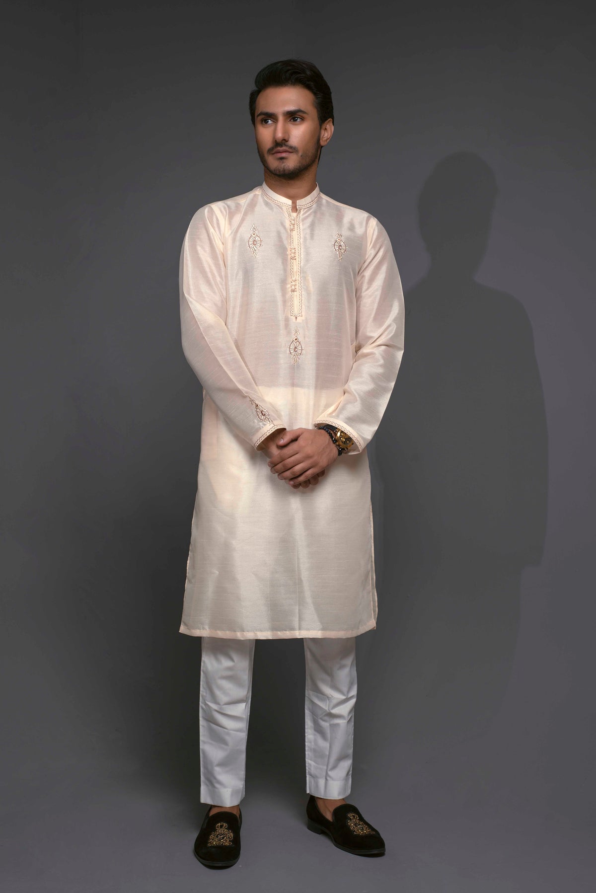 Golden Color Raw-Silk Embroidered Kurta Pajama For Men