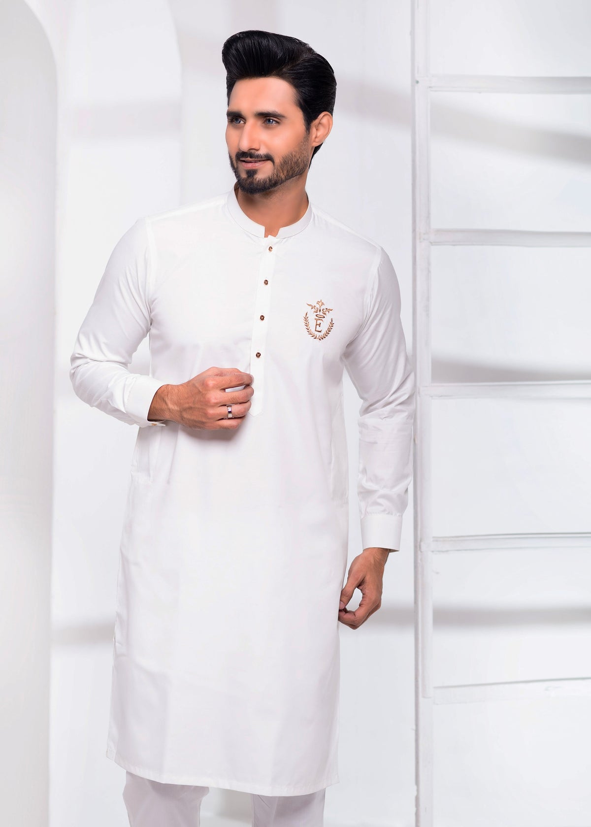 White Color Signature Logo Embroidered Kurta Pajama For Men