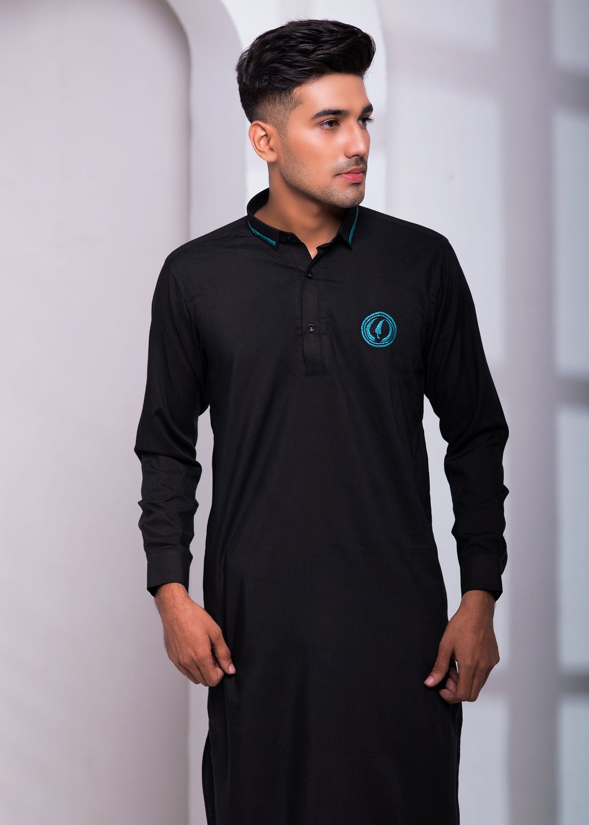 Black Color EMB Collar Embroidered Kurta Pajama For Men