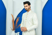 White Jamawar Boti Embroidered Prince Coat For Men