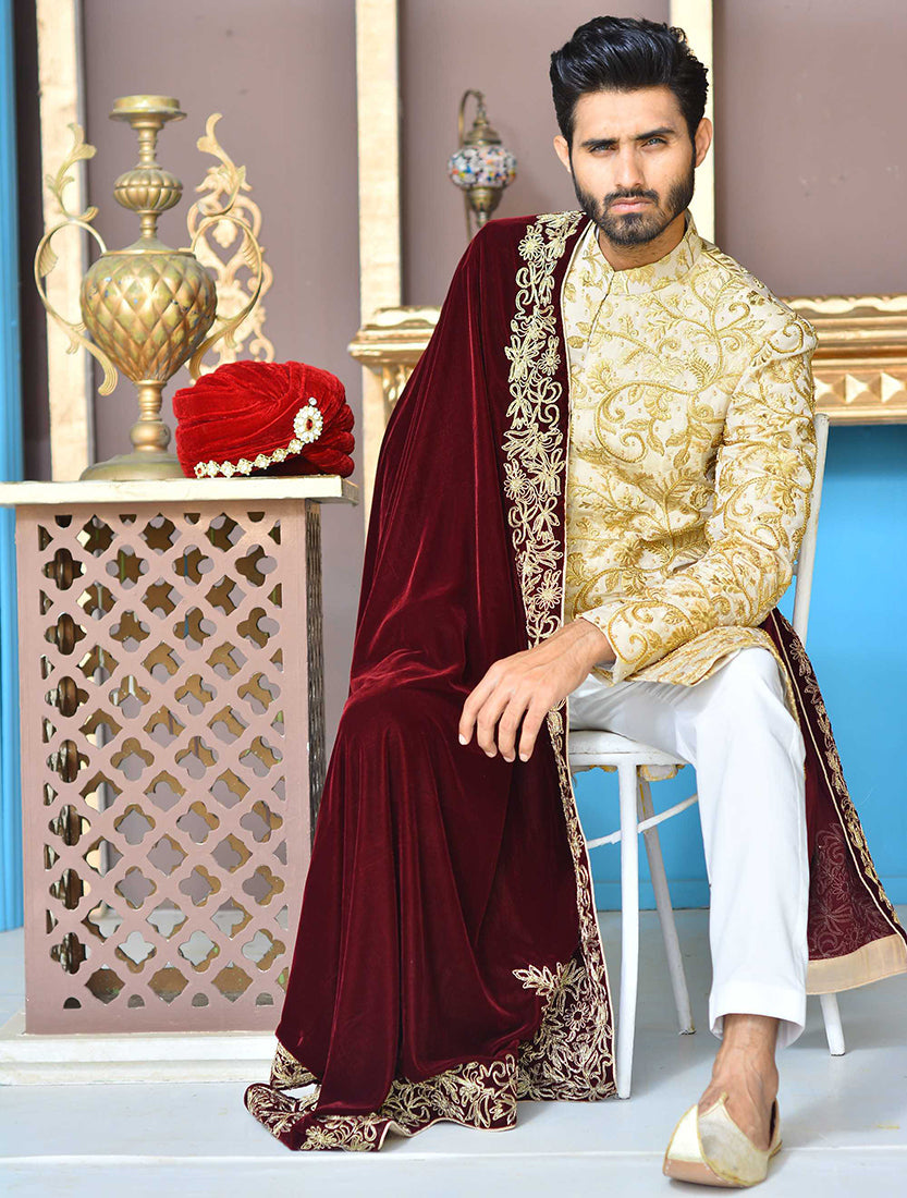 Golden & Copper Embroidered Sherwani For Men
