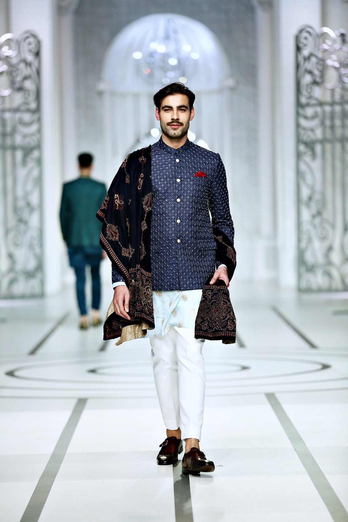 Blue Color Embroidered Prince Coat For Men