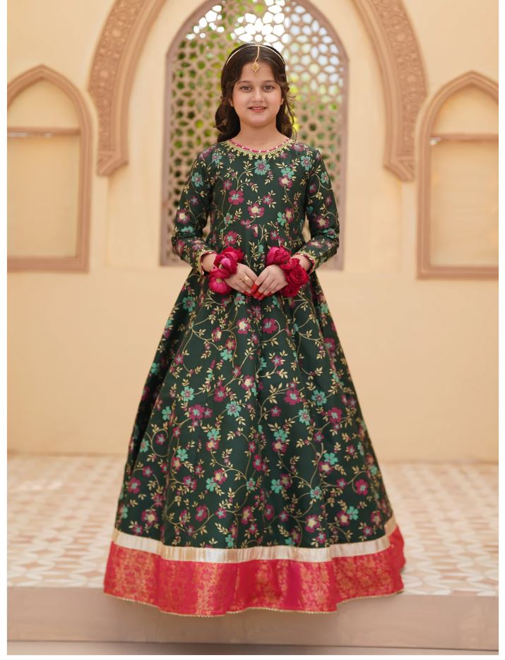 Festive Screen Printed Maxi with Net Dupatta For Girls