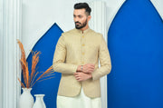Beige Color Diagonal Embroidered Prince Coat For Men