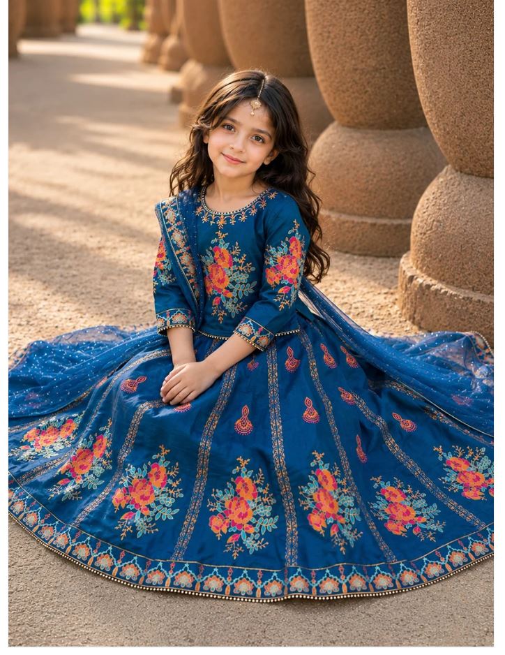 Elegant Block Printed Raw Silk Lehenga Choli For Girls