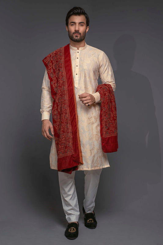 Golden & White Color Banarsi Kurta Pajama For Men