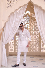 White Color Chicken Kari Embroidery Work Kurta Pajama For Men