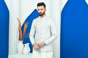 White & Silver Zari Work Embroidered Prince Coat For Men