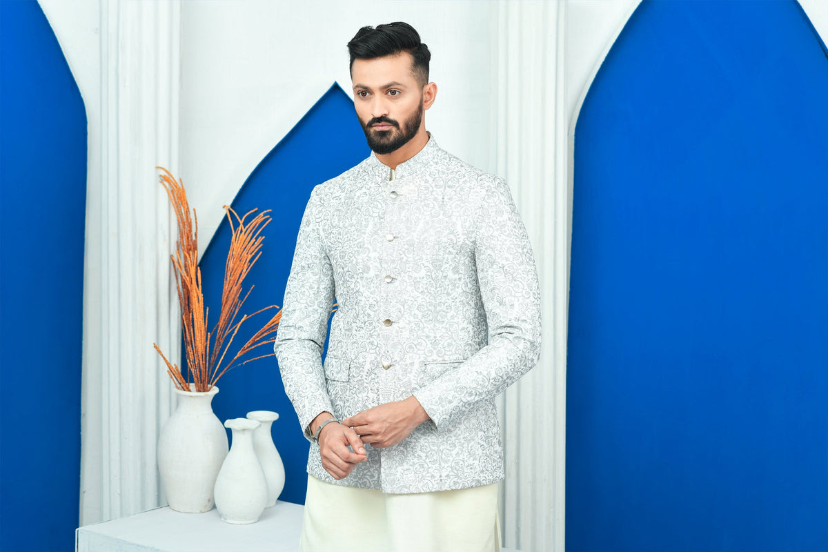 White & Silver Zari Work Embroidered Prince Coat For Men