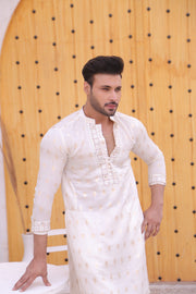 White Color Mirror Work Embroidery Kurta Pajama For Men