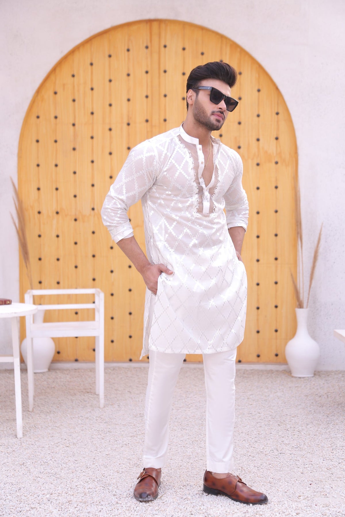 White Color Cut Work Embroidery Kurta Pajama For Men