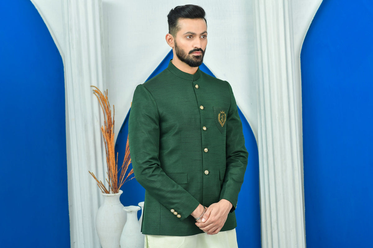 Green Color Raw Silk Embroidered Prince Coat For Men