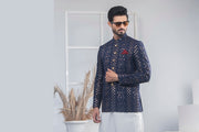 Blue Color Golden Embroidered Prince Coat For Men