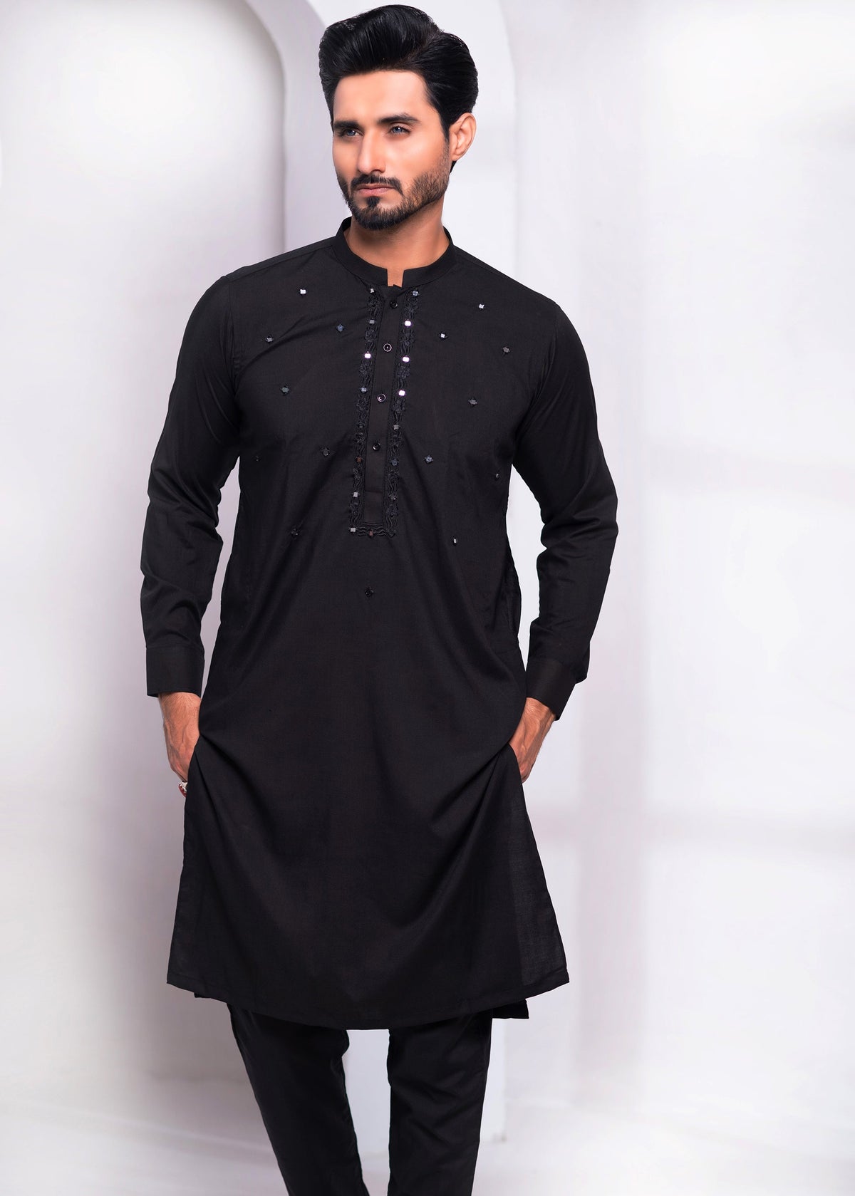 Black Color Mirror Embroidered Kurta Pajama For Men