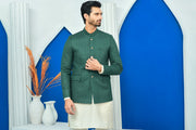 Green Color Diagonal Embroidered Prince Coat For Men